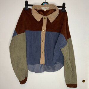 No Comment Cropped Color Blocked Corduroy Button Up Shacket Medium